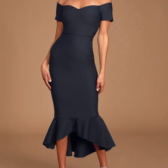 Lulus Navy How Much I Care Midnight Blue Off-the-Shoulder Midi Dress - Picture 1 of 3
